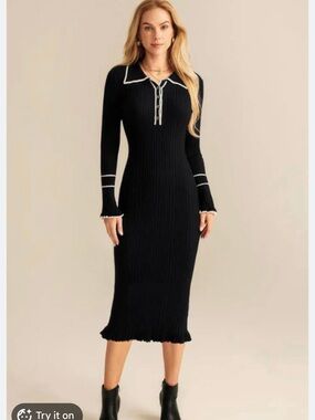 NWT Grace Karin Black Ribbed Midi Dress with White Trim